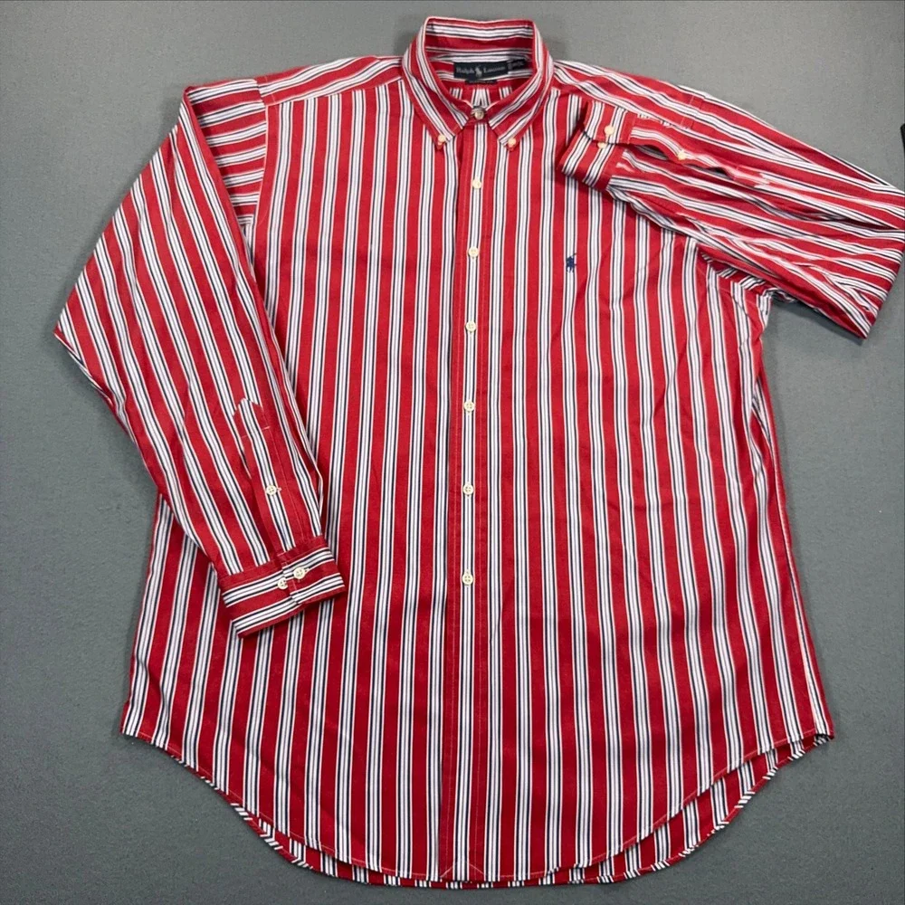 Ralph Lauren Classic Fit Red White Blue Striped Button Down Shirt Mens L 16.5
